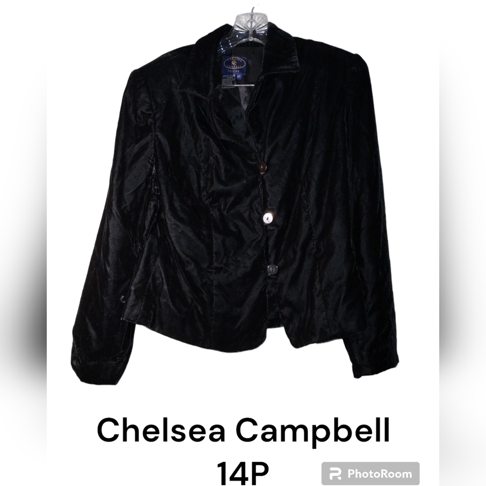 Vtg Chelsea Campbell Blazer 14P black USA Velour euc